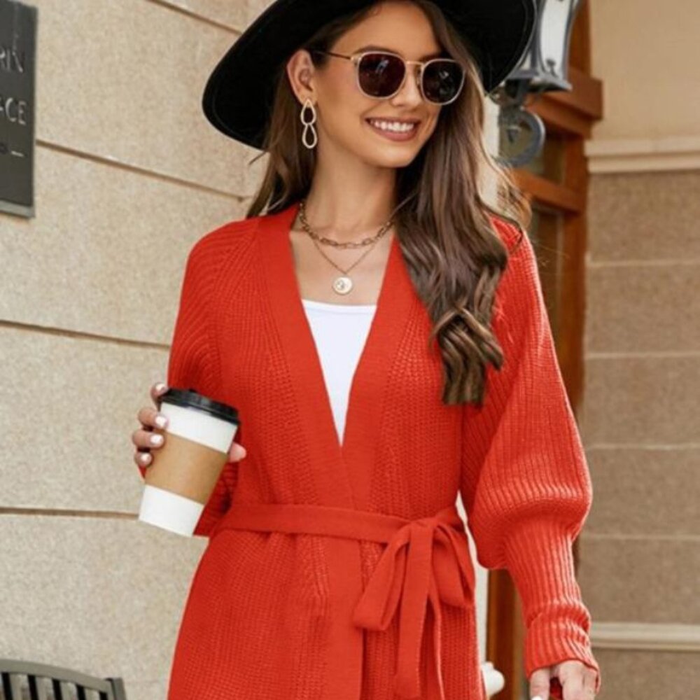 Fitted Rib Cuff Open Front Knit Cardigan "ORANGE"